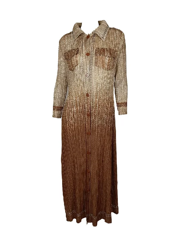 gathered prom dress-N240024 Long-Sleeve Denim Printed Pleats Dress *Brown