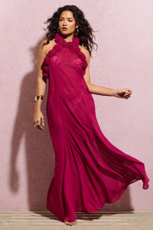 relaxed evening dress-Naelya | Dark Pink Chiffon Halter-Neck Maxi Dress With Corsages