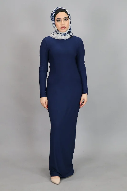 mock neck prom dress-Navy Blue Plain Fitted Spandex Maxi Dress