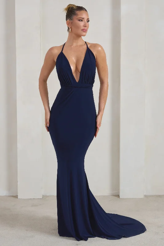 flared A-line dress-Starlet |  Navy Plunge Maxi Dress With Multiway Straps