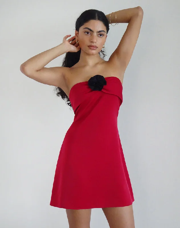 flared sundress-Ninivala Dress in Red with Black Rosette