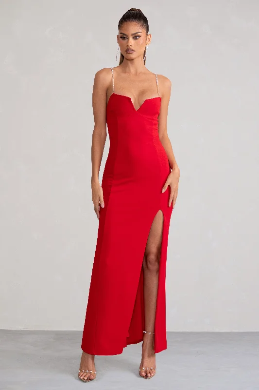 delicate midi dress-Notes To Self | Red Square Neck Thigh Split Maxi Dress