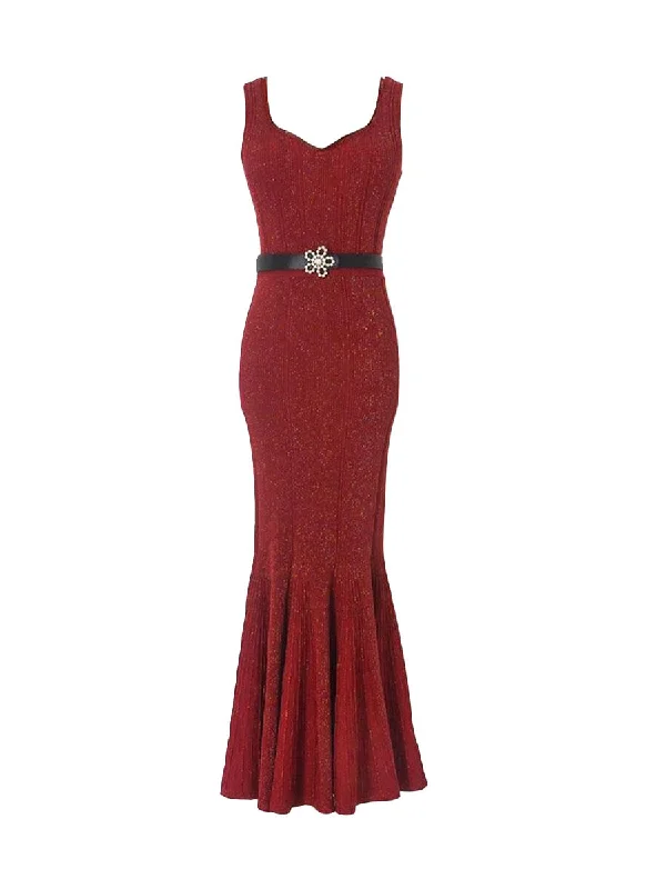 snap button prom dress-O240007 Sleeveless Vest Knitted Dress *Red