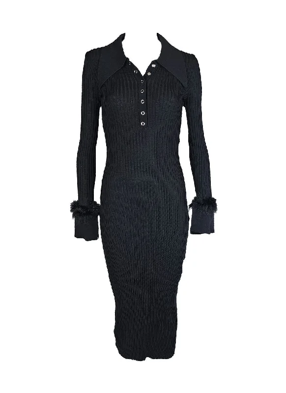 modern evening dress-O240030 Knitted Collar Long Sleeve Dress *Black