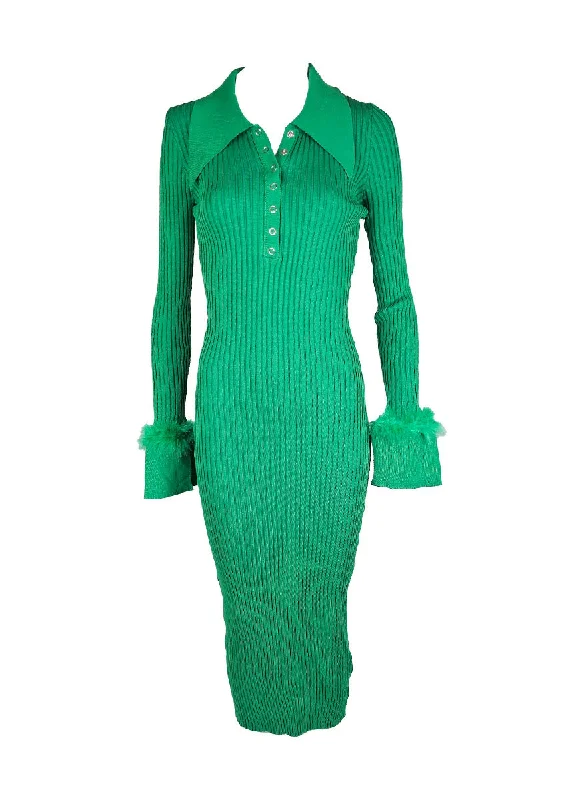 retro evening dress-O240030 Knitted Collar Long Sleeve Dress *Green