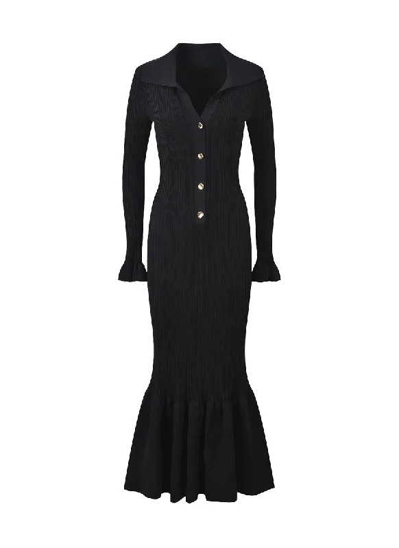 gypsy sundress-O240042 V-Neck Collar Knitted Long Sleeve Dress