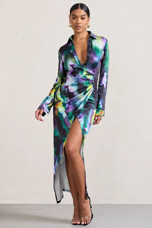 flared sundress-Oasis | Watercolour Print Satin Long-Sleeved Maxi Shirt Dress