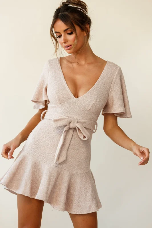 dramatic evening dress-One Fine Day Flutter Sleeve Knit Dress Mocha