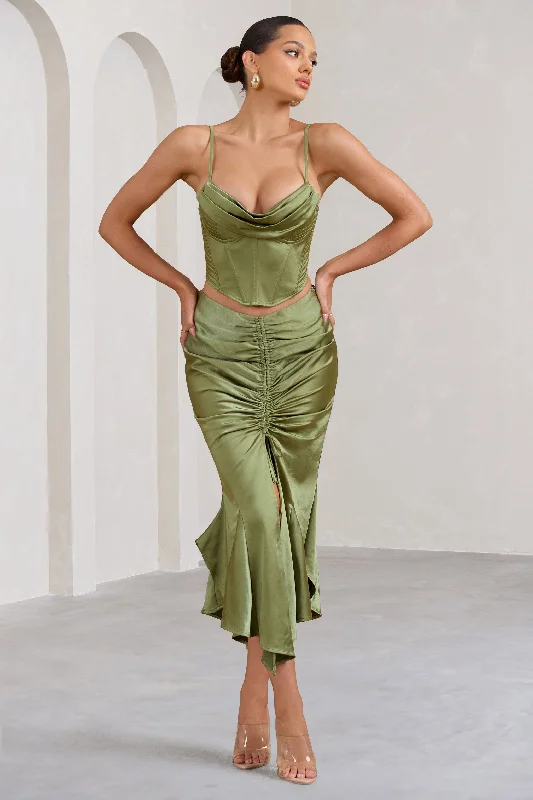 delicate prom dress-Per Favore | Olive Satin Ruched Split Maxi Skirt