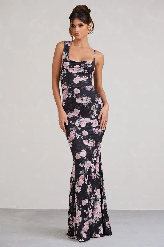 hand-stitched prom dress-Phantasy | Black & Pink Floral Print Asymmetric Neckline Cowl Maxi Dress