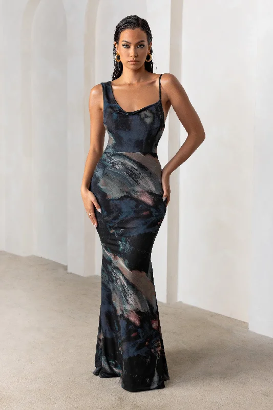 voluminous prom dress-Phantasy | Black Abstract Print Asymmetric Neckline Cowl Maxi Dress