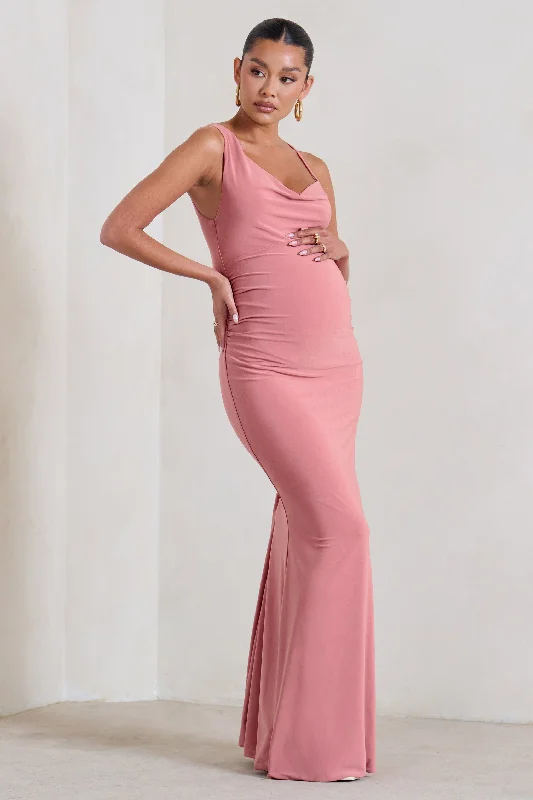 cranberry red sundress-Phantasy | Blush Pink Maternity Cowl Neck Maxi Dress