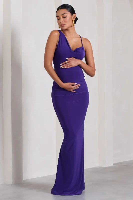 flared lace dress-Phantasy | Purple Maternity Cowl Neck Maxi Dress