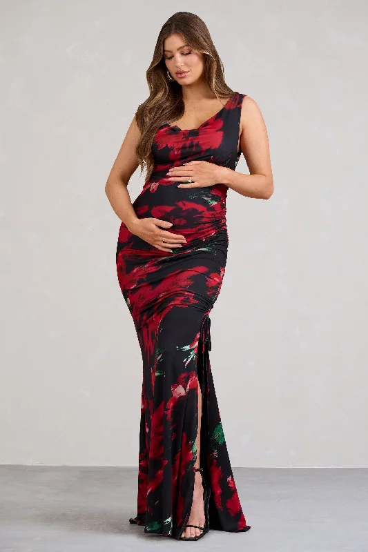 dramatic cocktail dress-Phantasy | Red Floral Asymmetric Split Maternity Maxi Dress