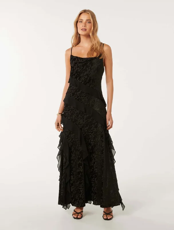 crystal embellished dress-Piper Velvet Ruffle Maxi Dress