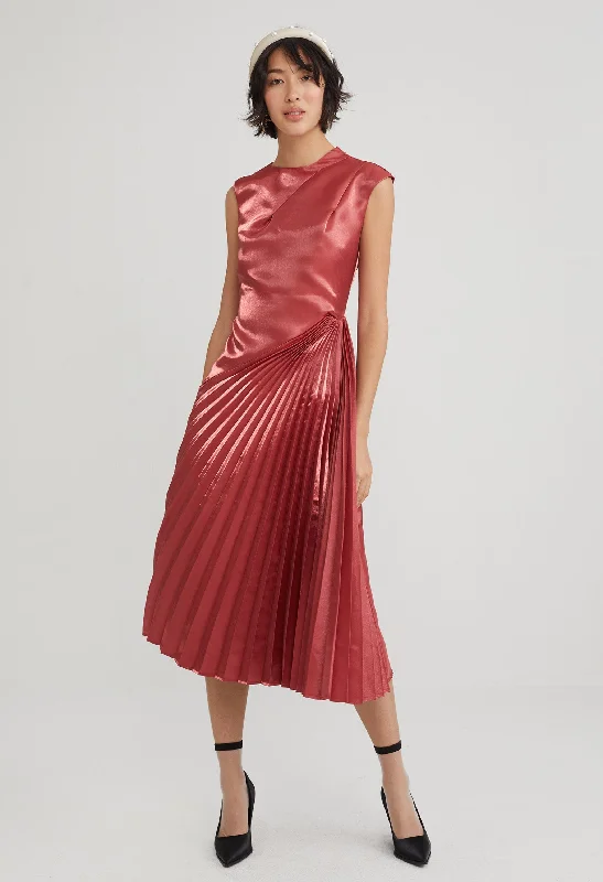 cocoa brown cocktail dress-Pleated High Neck Shimmer Dress