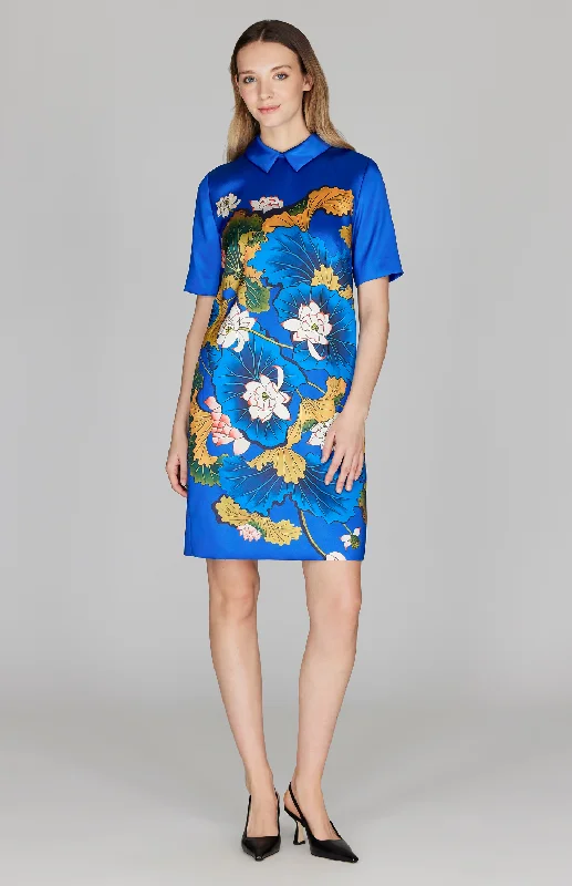 fishtail sundress-Lotus Print Short Sleeve Collard Shift Dress