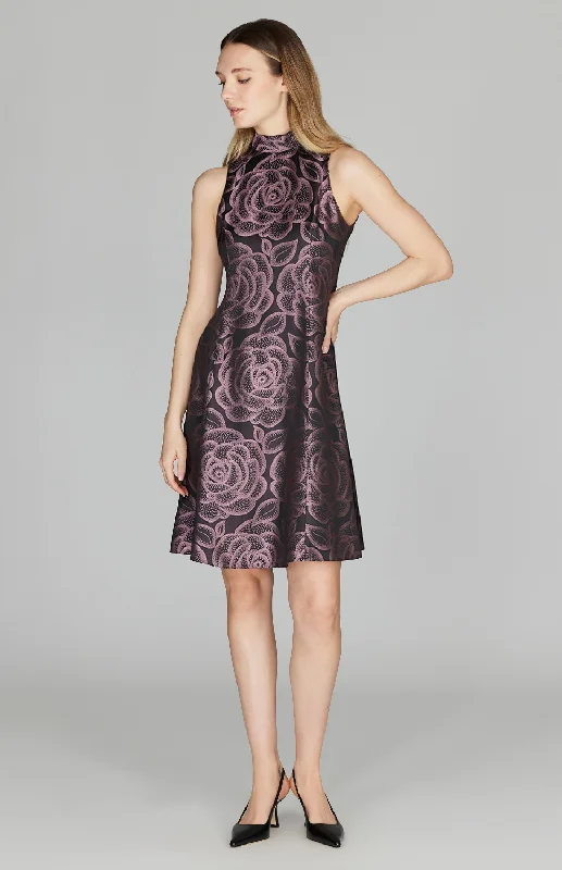 botanical cocktail dress-Rose Dot Jacquard Short Dress w/ Back Neck Tie