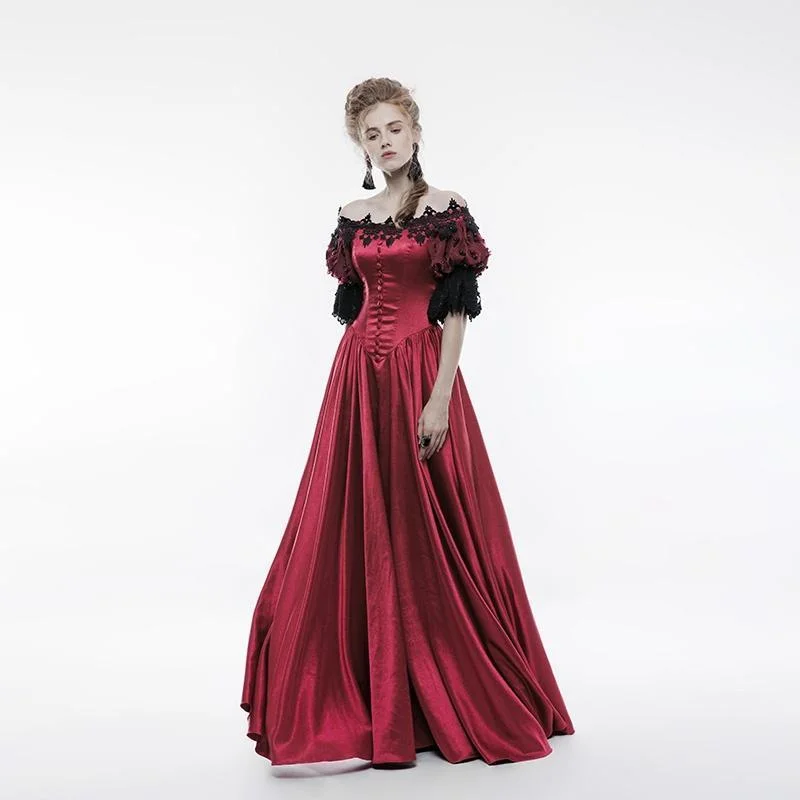 flared sundress-Women's Gothic Vintage Off Shoulder Bubble Sleeve Long Wedding Dress Red