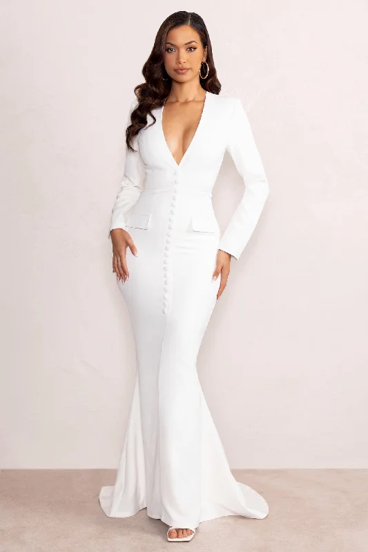 chiffon cocktail dress-Reba | White Plunge Long Sleeve Structured Maxi Dress with Front Split