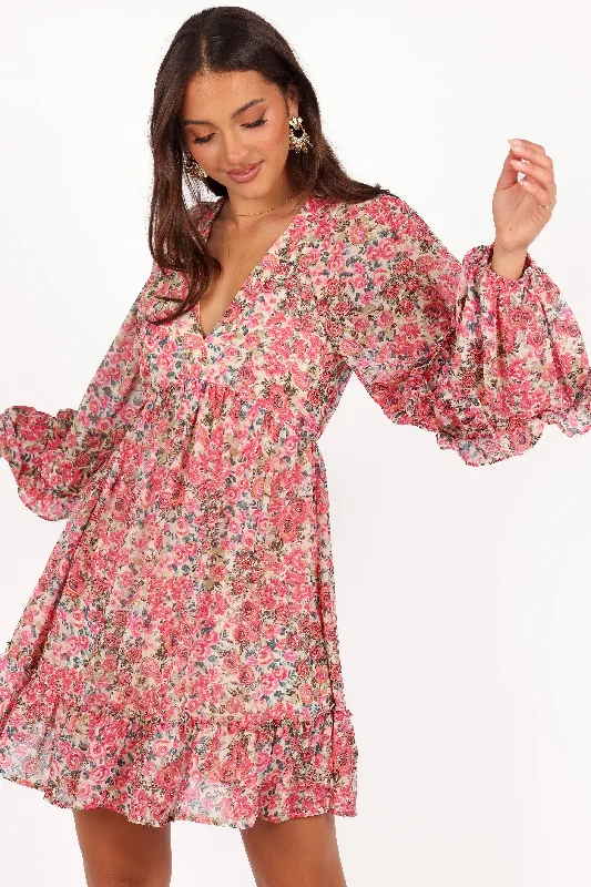 single strap maxi dress-Reese Long Sleeve Mini Dress - Pink Floral