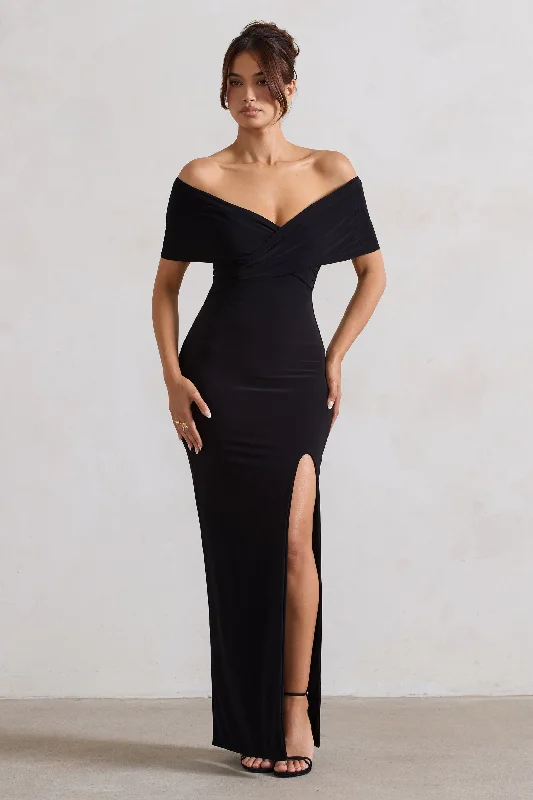 smocked prom dress-Refined | Black Twist Front Bardot Maxi Dress