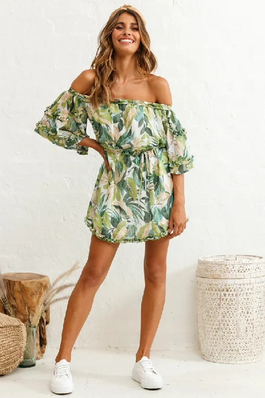 puffed sleeve sundress-Renoir Off-Shoulder Frill Trim Dress Leaf Print White/Green