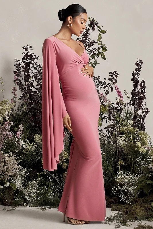 tropical prom dress-Rhea | Blush Pink V-Neck Split Maternity Maxi Dress With Cape Sleeve