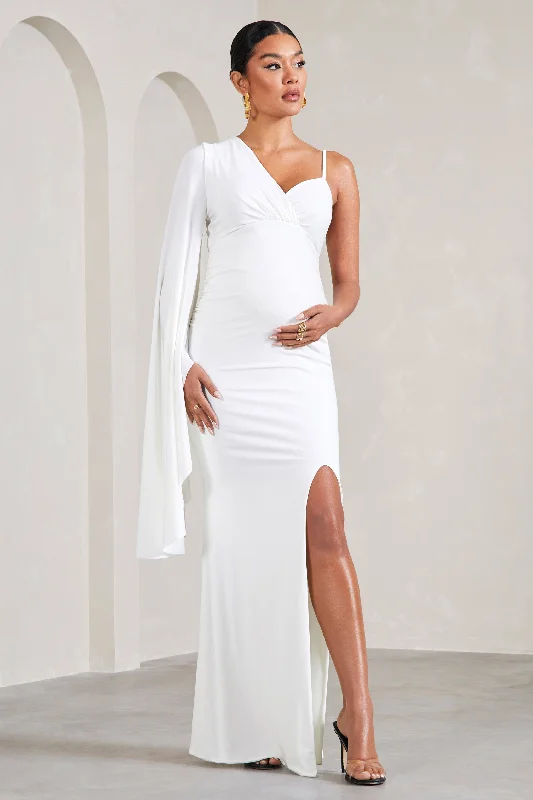 golden champagne prom dress-Rhea | White V-Neck Split Maternity Maxi Dress With Cape Sleeve