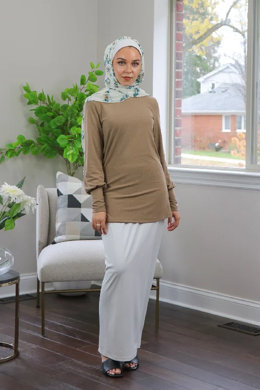 mock neck prom dress-Ribbed Long Sleeve Top- Tan