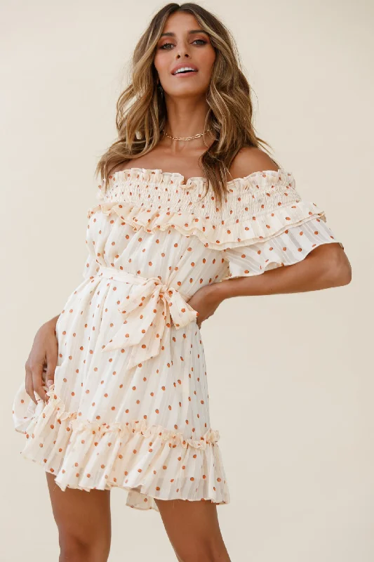 breezy midi dress-Rita Shirred Off-Shoulder Dress Polka Dot Print Beige