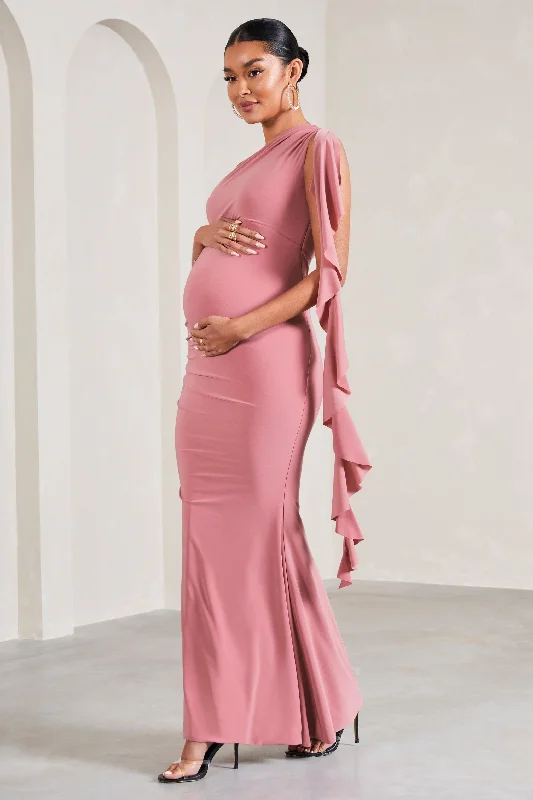 sage green prom dress-Rosalie | Blush Pink One-Shoulder Maternity Maxi Dress With Ruffles