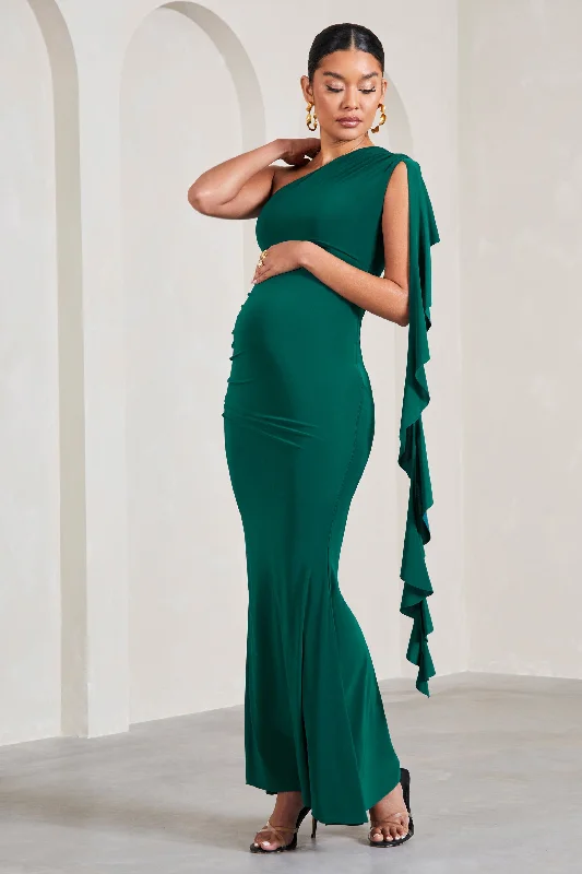 cranberry red prom dress-Rosalie | Bottle Green One-Shoulder Maternity Maxi Dress With Ruffles