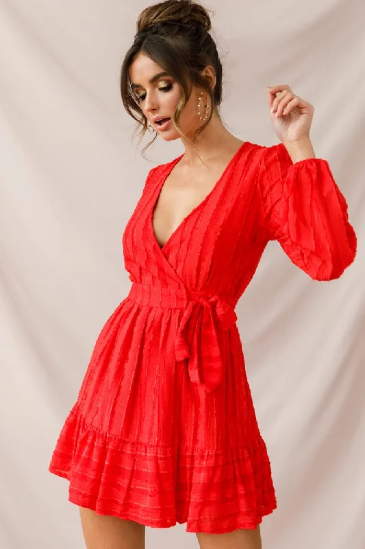 delicate lace dress-Rubi Textured Wrap Dress Red