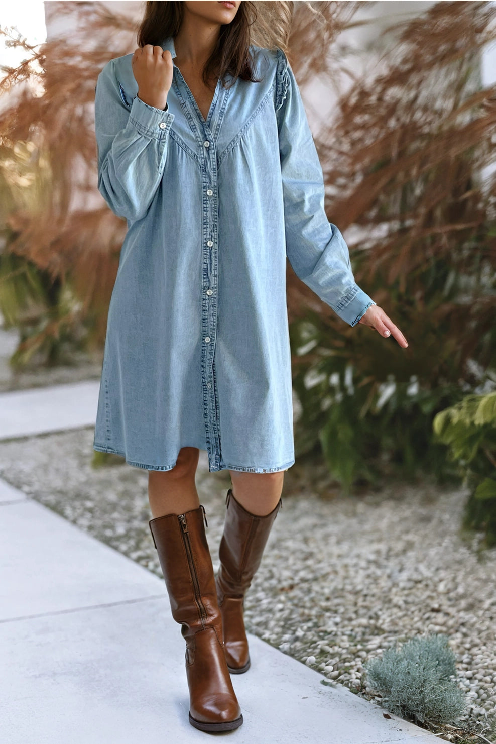 voluminous prom dress-Ruffled V Neck Buttoned Shift Denim Dress