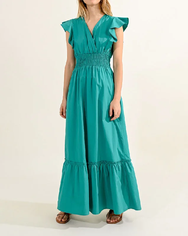 gathered prom dress-Ruffled V-Neck Maxi Dress