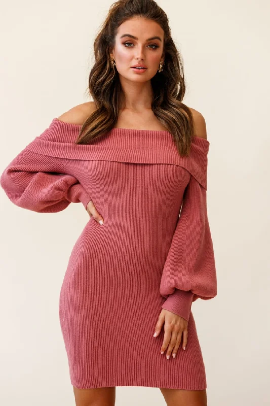 single strap evening dress-Runaway Off Shoulder Balloon Sleeve Knit Dress Rose