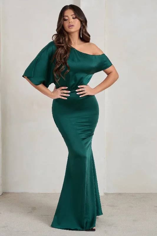 snap button prom dress-Sabrina | Bottle Green Asymmetric Off The Shoulder Satin Maxi Dress