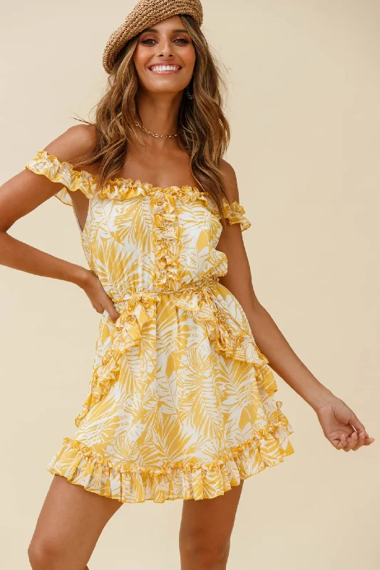 fringed trim dress-Sail Away Off-Shoulder Frill Accent Dress Tropical Print Yellow