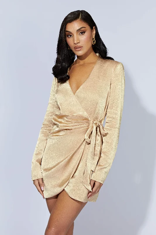 golden champagne cocktail dress-Saira Tie Up Mini Dress - Wheat