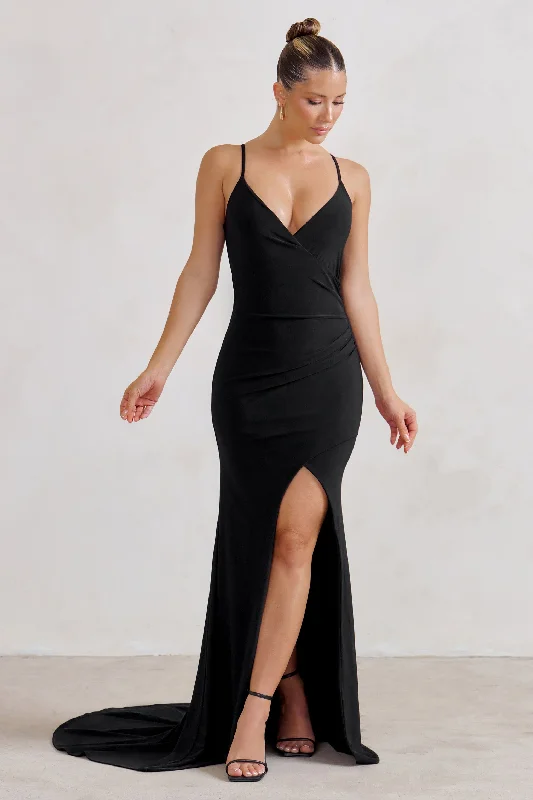 scalloped evening dress-Sammi | Black Cami Plunge Wrap Maxi Dress