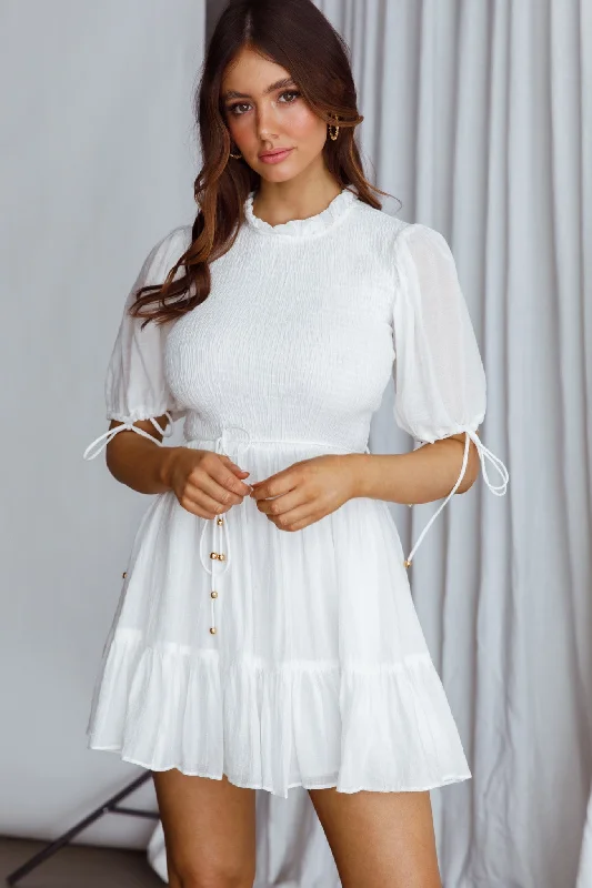 puffed sleeve dress-Secret Garden Puff Sleeve Smocked Bodice Dress White