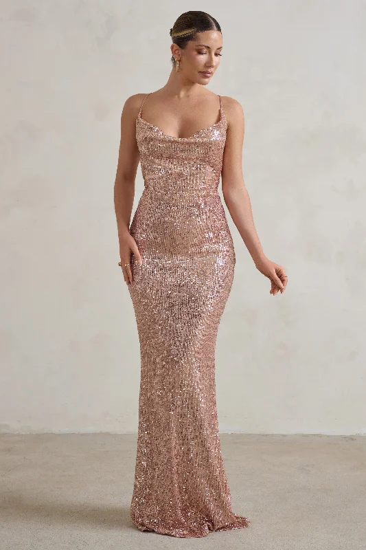 structured prom dress-Seeing Stars | Champagne Cowl Cami Sequin Maxi Dress With Waist Tie