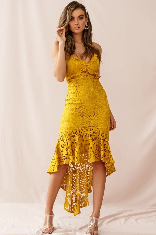 breezy evening dress-Shakeera High-Low Hem Lace Dress Mustard