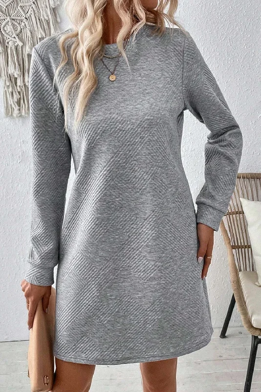 scalloped cocktail dress-Solid Color Textured Long Sleeve Shift Dress