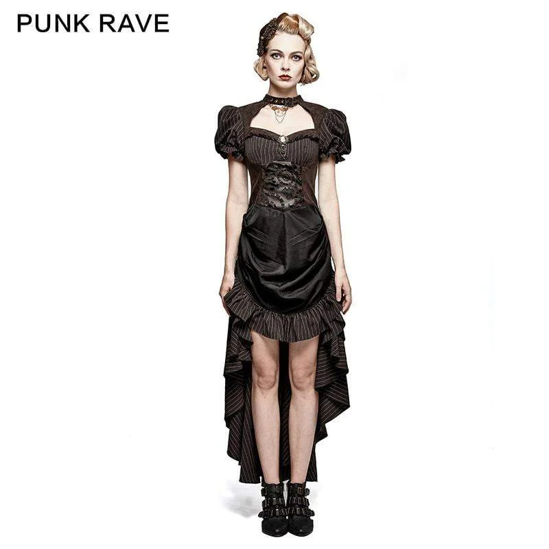 midnight blue cocktail dress-Women's Steampunk Coffee Puff Sleeves High Low Ruffles Dress