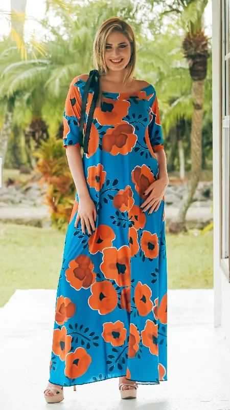 dramatic sundress-"Summer Blooms" Valeria Long Dress, Orange Blooms