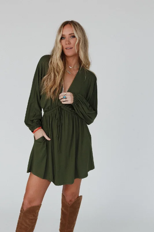 snap button sundress-The Nest Sweet Vacay Long Sleeve Dress - Super Olive