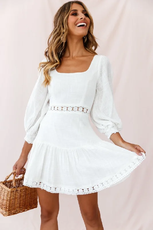 relaxed midi dress-Sweetheart Corset-Back Lantern Sleeve Dress White