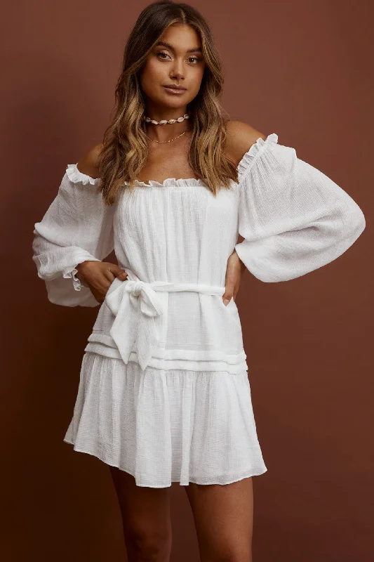 checked shirt dress-Sycamore Off- Shoulder Pintuck Dress White